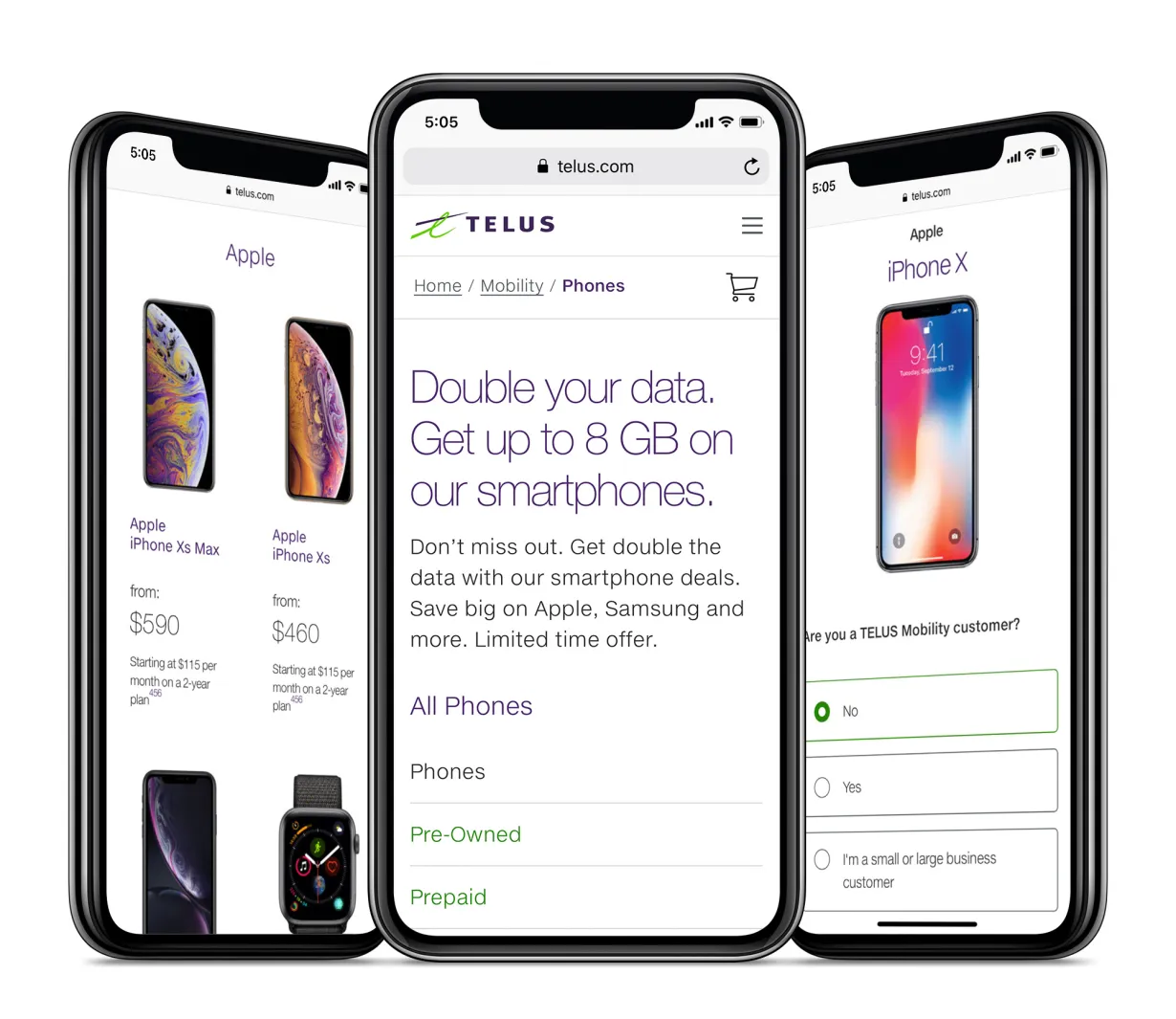 Telus website displayed on iphones