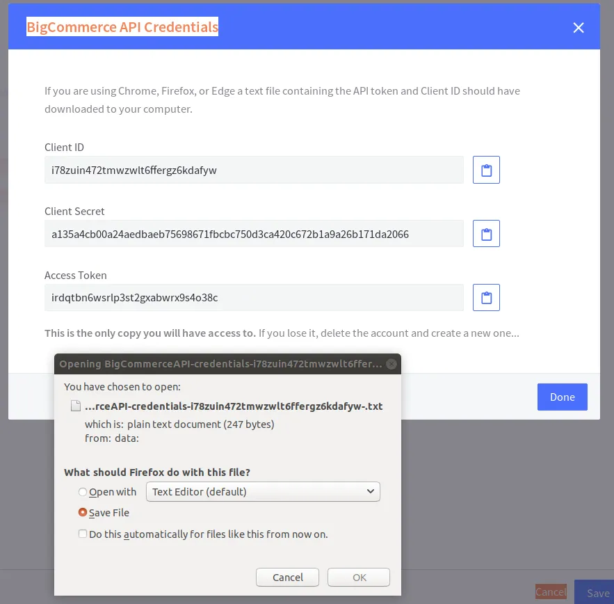 API Credentials Dialogue Box - BigCommerce