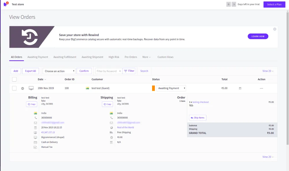 BigCommerce Backend View Orders