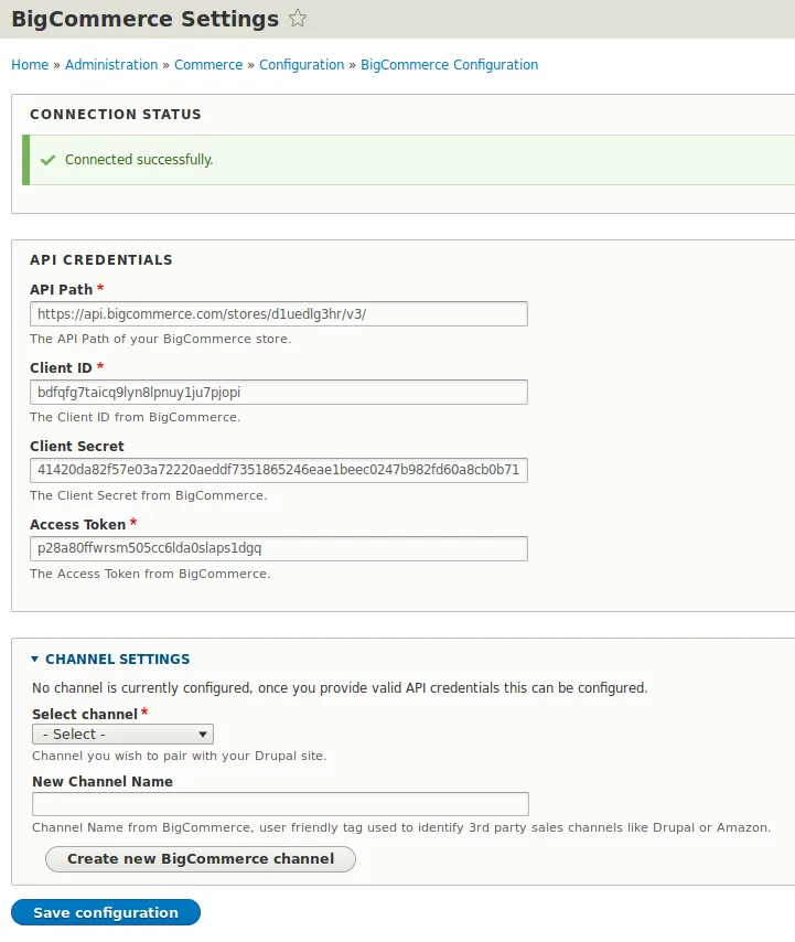 Successful BigCommerce configuration in Drupal