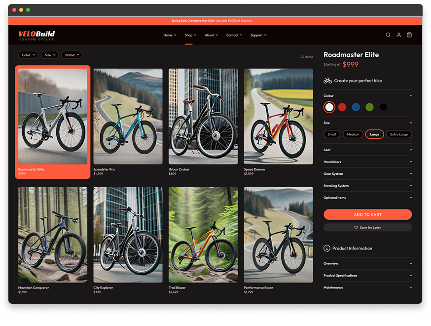 Custom ecommerce development project, custom bicycle configurator, online D2C storefront