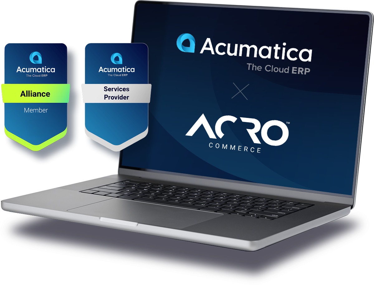 Acumatica + Acro Commerce, Partnership Badges and Company Logos displayed on a Laptop
