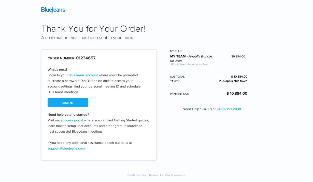 BlueJeans by Verzion | Thank You For Your Order | Acro Commerce Case Studies