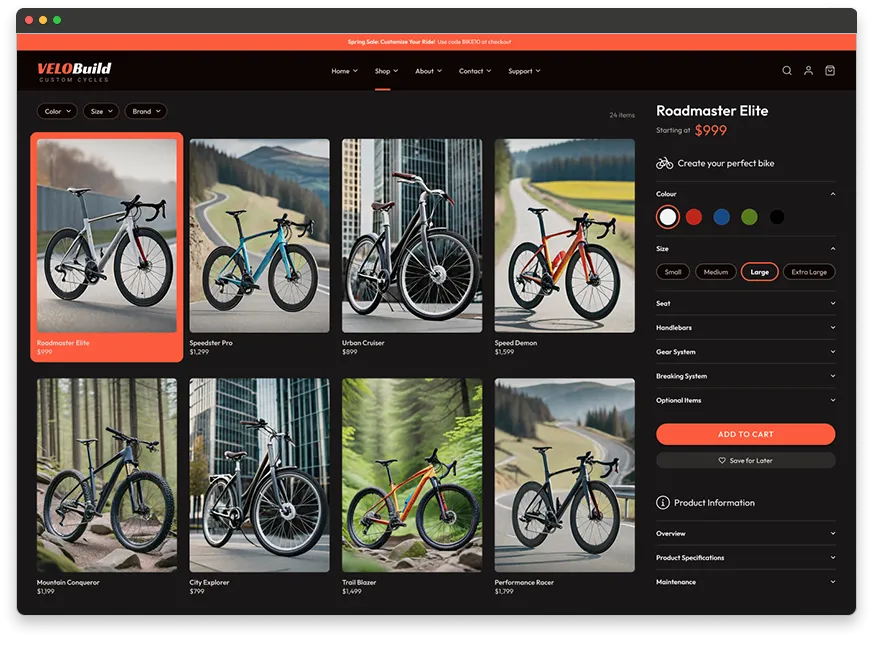 Custom ecommerce development project, custom bicycle configurator, online D2C storefront