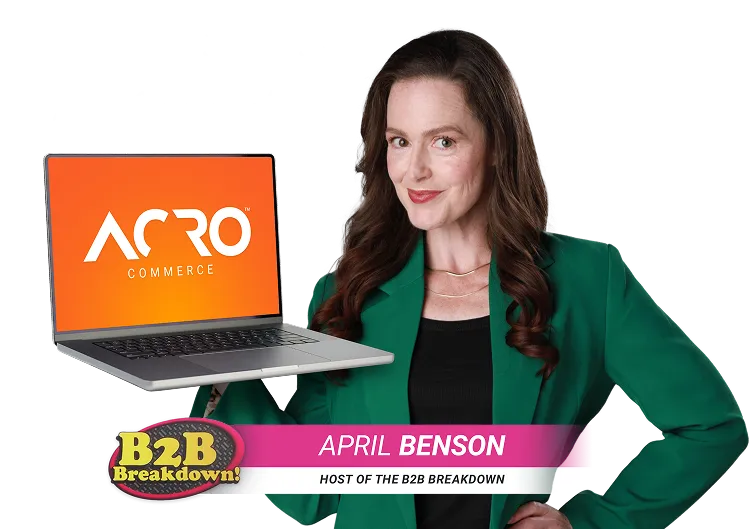 April holding a laptop, saying "Enhance your customer experience with Acro Commerce!"