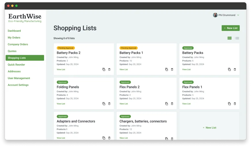 B2B Portal Shopping List