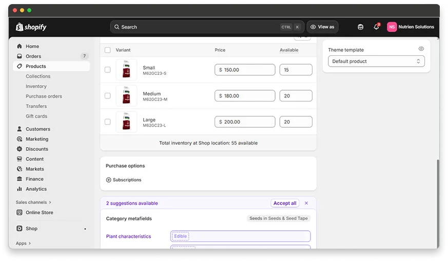 Shopify Product Variants