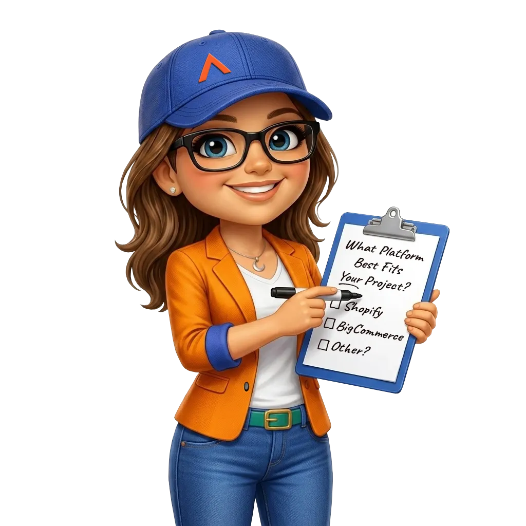 Celeste holds up a clipboard reading "What Platform Best Fits Your Project?", along with checklist options of Shopify, BigCommerce, Other?