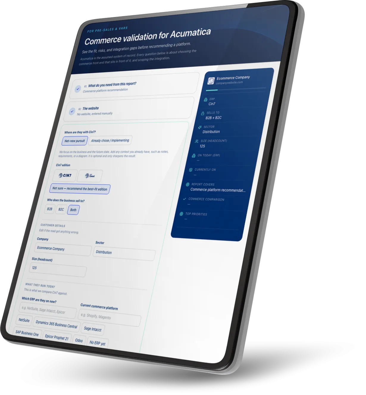 Preflight commerce validation tool for Acumatica, screen displayed on tablet